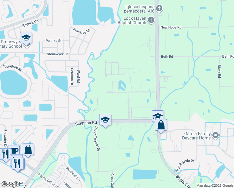 map of restaurants, bars, coffee shops, grocery stores, and more near 14700 Boggy Creek Road in Orlando