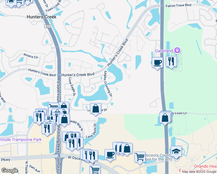 map of restaurants, bars, coffee shops, grocery stores, and more near 2645 Talon Court in Orlando
