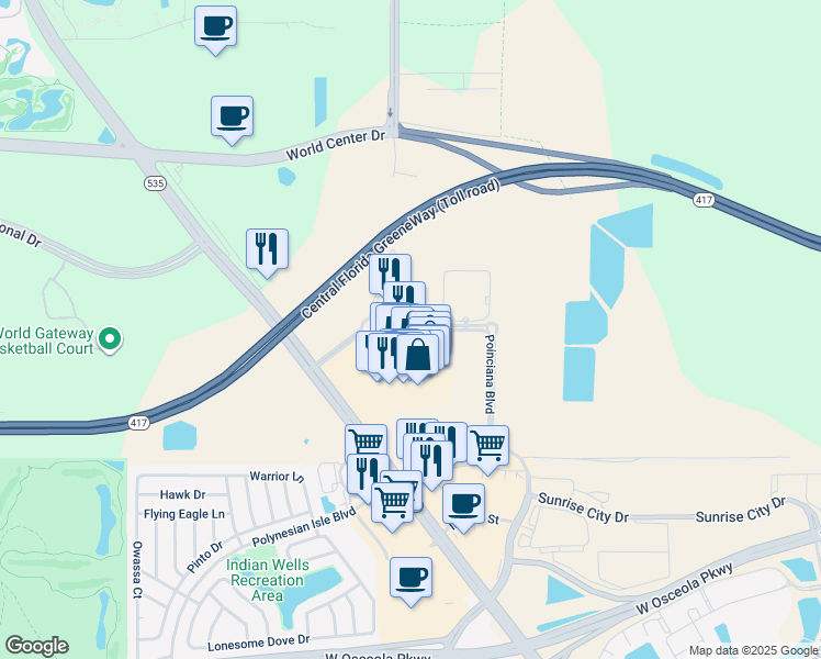 map of restaurants, bars, coffee shops, grocery stores, and more near 8000 Poinciana Boulevard in Orlando