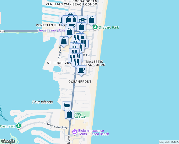 map of restaurants, bars, coffee shops, grocery stores, and more near 3550 Ocean Beach Boulevard in Cocoa Beach