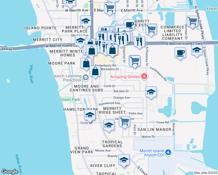 map of restaurants, bars, coffee shops, grocery stores, and more near 115 Carib Drive in Merritt Island