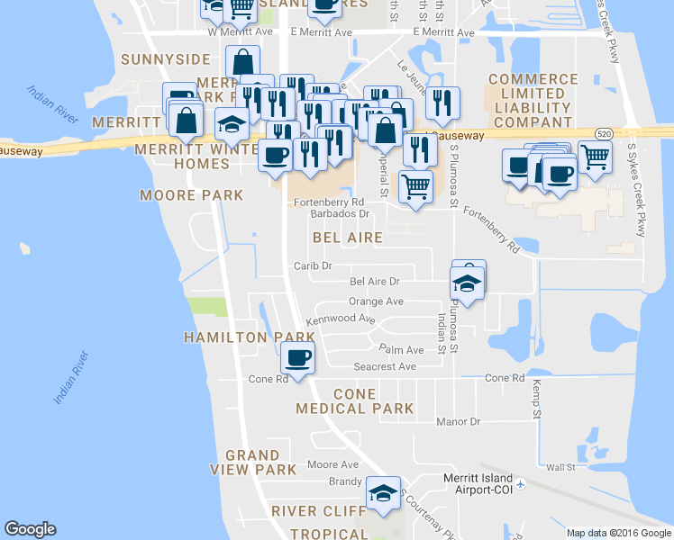 map of restaurants, bars, coffee shops, grocery stores, and more near 115 Carib Drive in Merritt Island