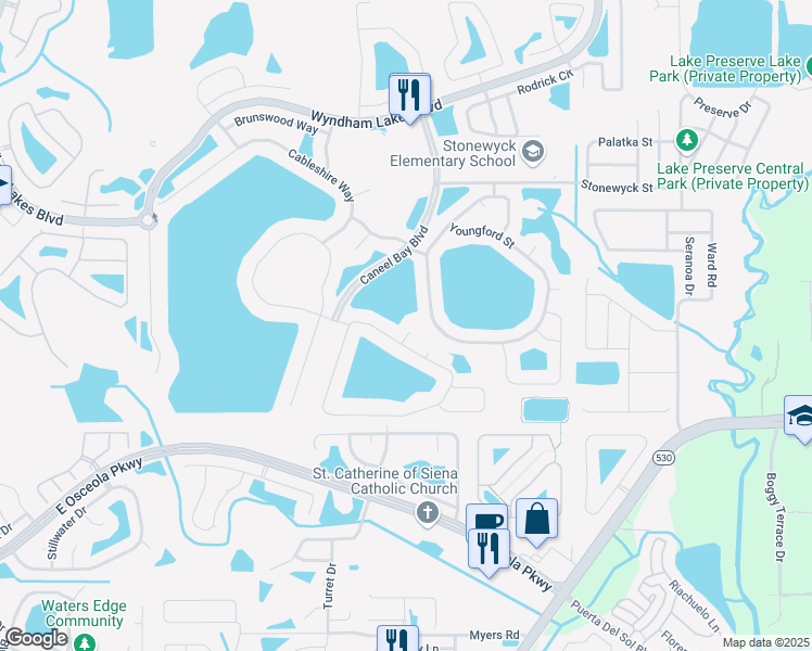 map of restaurants, bars, coffee shops, grocery stores, and more near 1914 Hailsham Court in Orlando