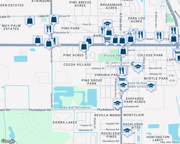 map of restaurants, bars, coffee shops, grocery stores, and more near 1314 Moss Lane in Cocoa