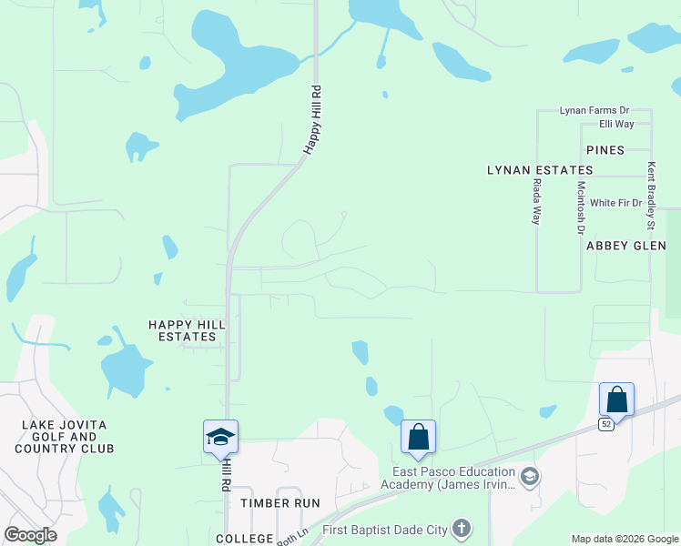map of restaurants, bars, coffee shops, grocery stores, and more near 13350 Happy Hill Road in Dade City