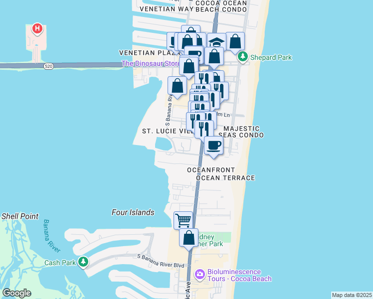 map of restaurants, bars, coffee shops, grocery stores, and more near 105 Escambia Lane in Cocoa Beach