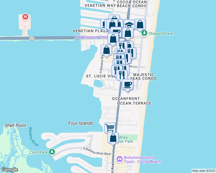 map of restaurants, bars, coffee shops, grocery stores, and more near 175 Escambia Lane in Cocoa Beach