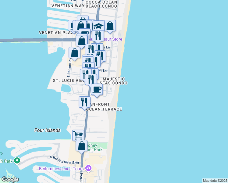 map of restaurants, bars, coffee shops, grocery stores, and more near 3550 Ocean Beach Boulevard in Cocoa Beach