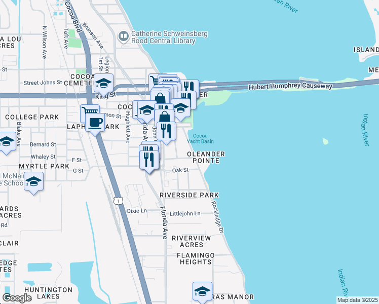 map of restaurants, bars, coffee shops, grocery stores, and more near 55 Riverside Drive in Cocoa