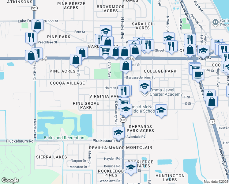 map of restaurants, bars, coffee shops, grocery stores, and more near 611 South Kentucky Avenue in Cocoa