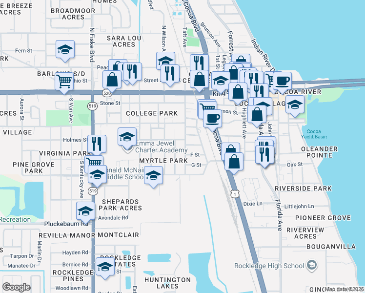 map of restaurants, bars, coffee shops, grocery stores, and more near 609 Washington Avenue in Cocoa