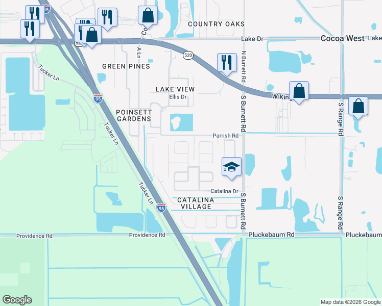 map of restaurants, bars, coffee shops, grocery stores, and more near 250 Johnson Boulevard in Cocoa