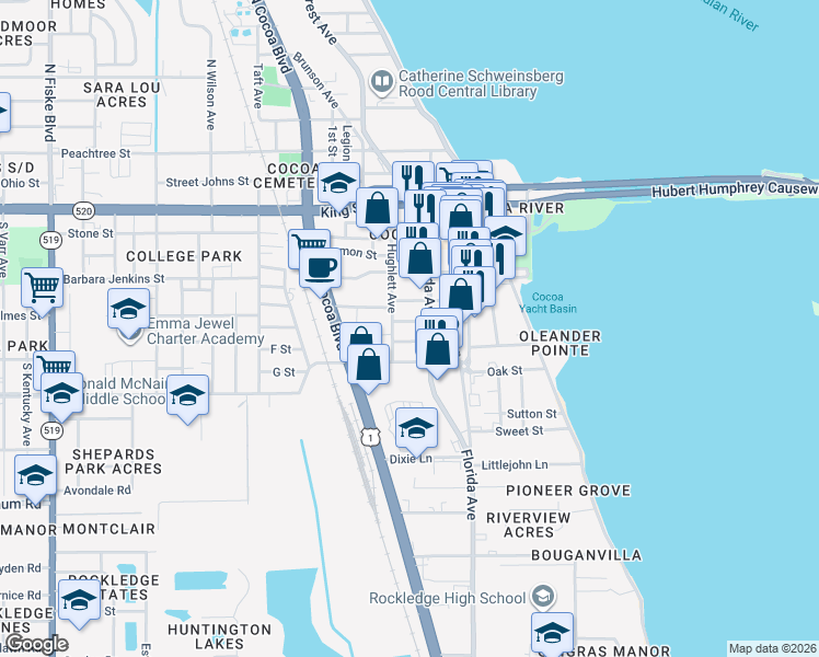map of restaurants, bars, coffee shops, grocery stores, and more near 119 Saint Charles Street in Cocoa