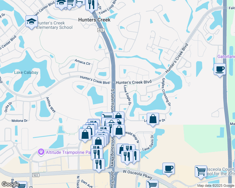 map of restaurants, bars, coffee shops, grocery stores, and more near 3007 Eaglet Loop in Orlando