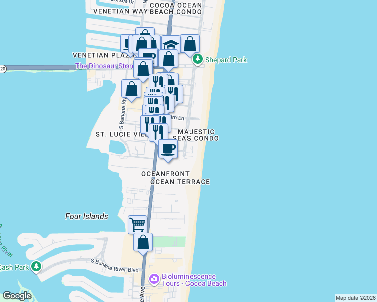 map of restaurants, bars, coffee shops, grocery stores, and more near 3550 Ocean Beach Boulevard in Cocoa Beach
