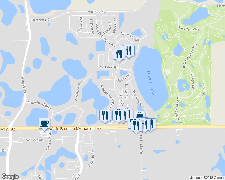 map of restaurants, bars, coffee shops, grocery stores, and more near 16624 Latrina Court in Winter Garden