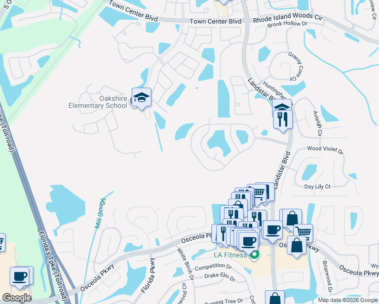 map of restaurants, bars, coffee shops, grocery stores, and more near 1000 Lake Biscayne Way in Orlando