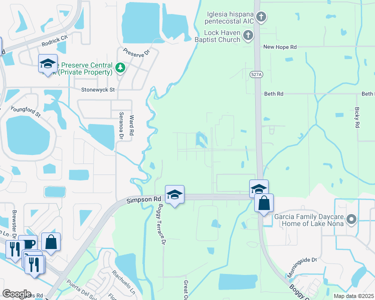 map of restaurants, bars, coffee shops, grocery stores, and more near 5411 Boggy Creek Road in Orlando
