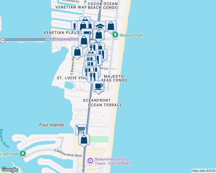 map of restaurants, bars, coffee shops, grocery stores, and more near 199 Wakulla Lane in Cocoa Beach
