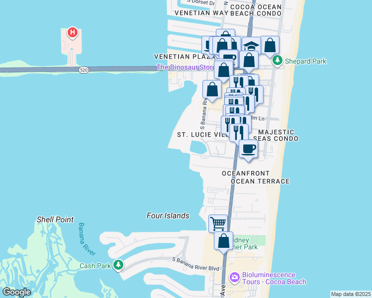 map of restaurants, bars, coffee shops, grocery stores, and more near 3611 South Banana River Boulevard in Cocoa Beach