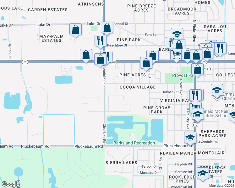 map of restaurants, bars, coffee shops, grocery stores, and more near 580 Sorrento Drive in Cocoa