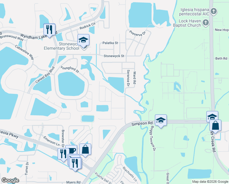 map of restaurants, bars, coffee shops, grocery stores, and more near 14850 Ward Road in Orlando