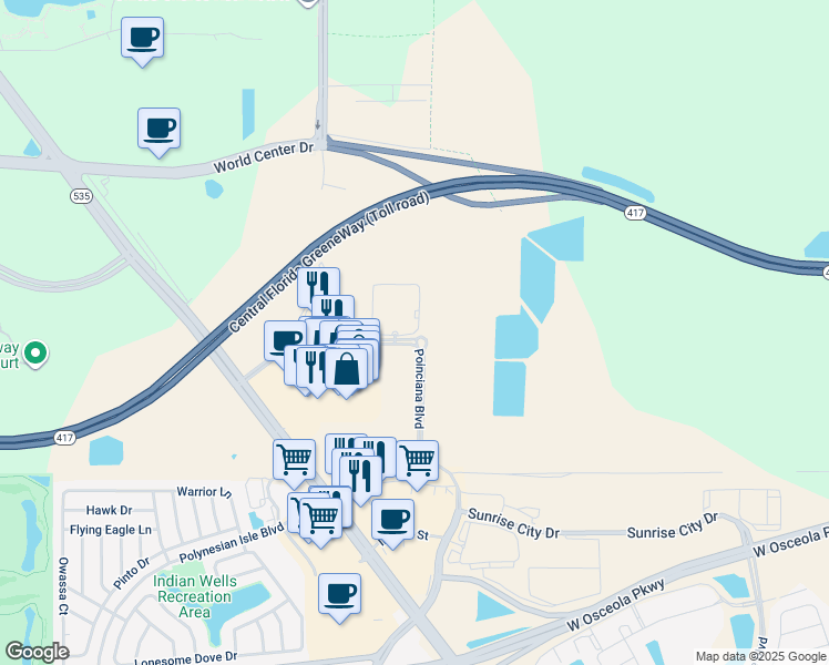 map of restaurants, bars, coffee shops, grocery stores, and more near 15609 South Apopka Vineland Road in Orlando