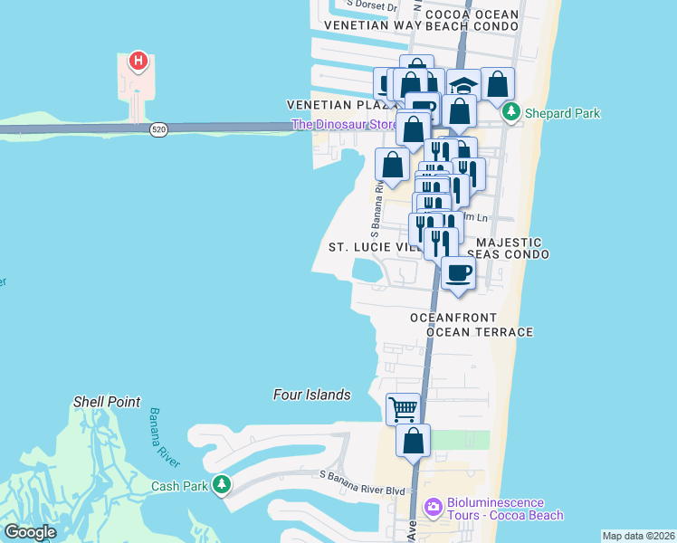 map of restaurants, bars, coffee shops, grocery stores, and more near 3611 South Banana River Boulevard in Cocoa Beach