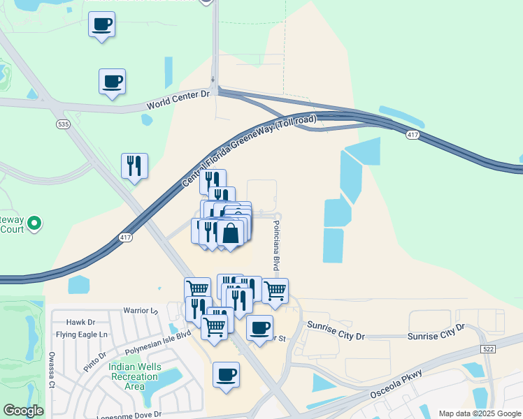 map of restaurants, bars, coffee shops, grocery stores, and more near 6011 Vineland Resort Way in Orlando