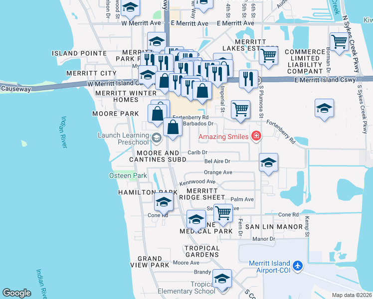 map of restaurants, bars, coffee shops, grocery stores, and more near 80 Carib Drive in Merritt Island