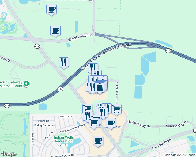 map of restaurants, bars, coffee shops, grocery stores, and more near 8000 Poinciana Boulevard in Orlando