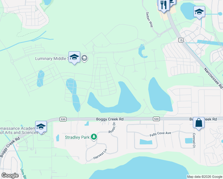 map of restaurants, bars, coffee shops, grocery stores, and more near Boggy Creek Road in Kissimmee