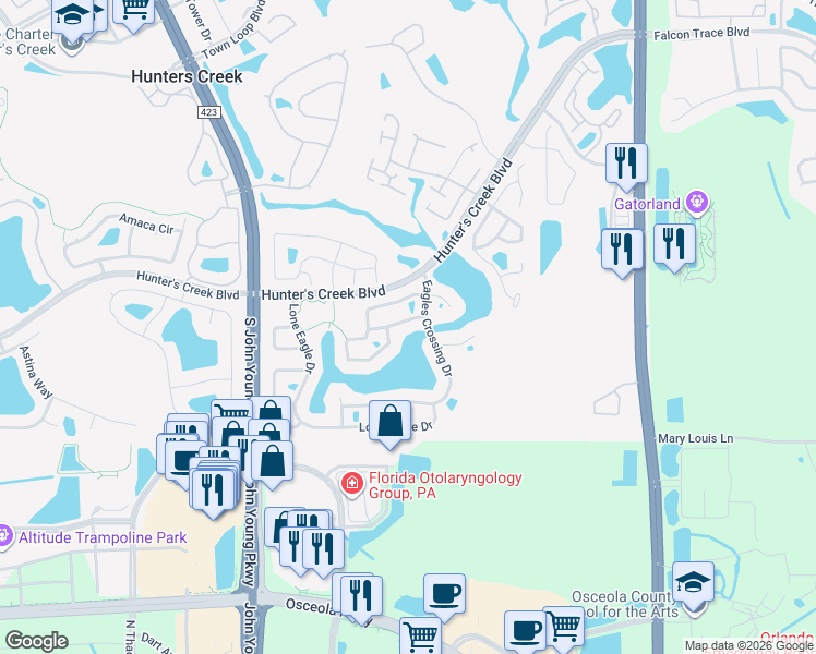 map of restaurants, bars, coffee shops, grocery stores, and more near 2732 Lone Feather Drive in Orlando