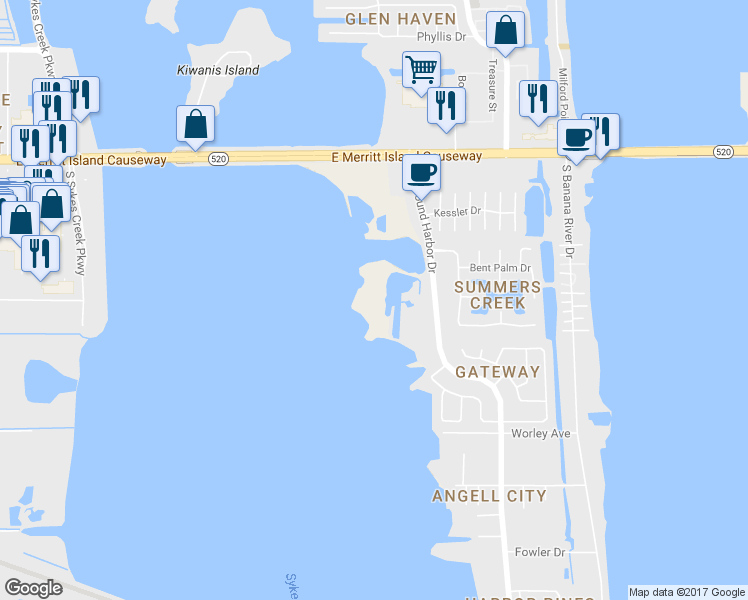map of restaurants, bars, coffee shops, grocery stores, and more near 405 Newfound Harbor Drive in Merritt Island