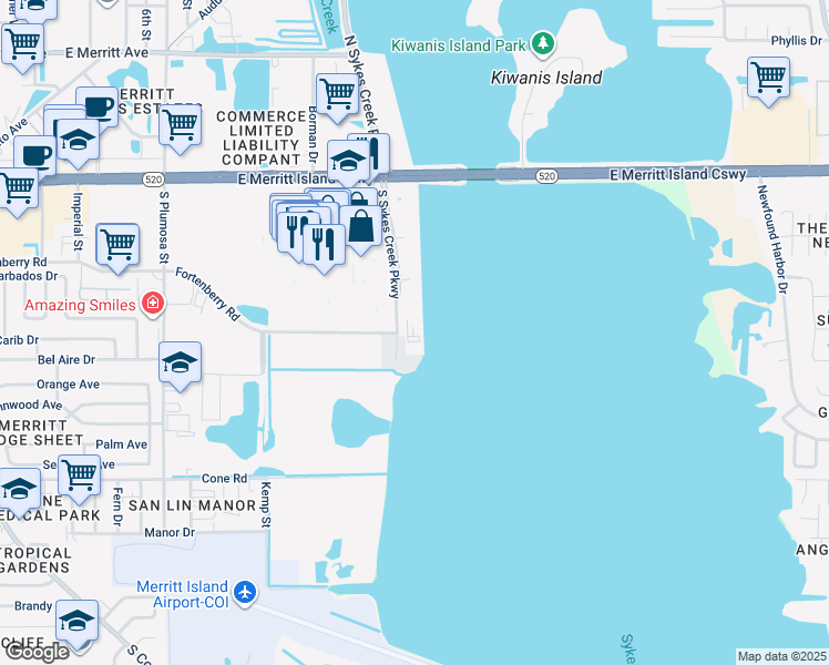 map of restaurants, bars, coffee shops, grocery stores, and more near 304 South Sykes Creek Parkway in Merritt Island