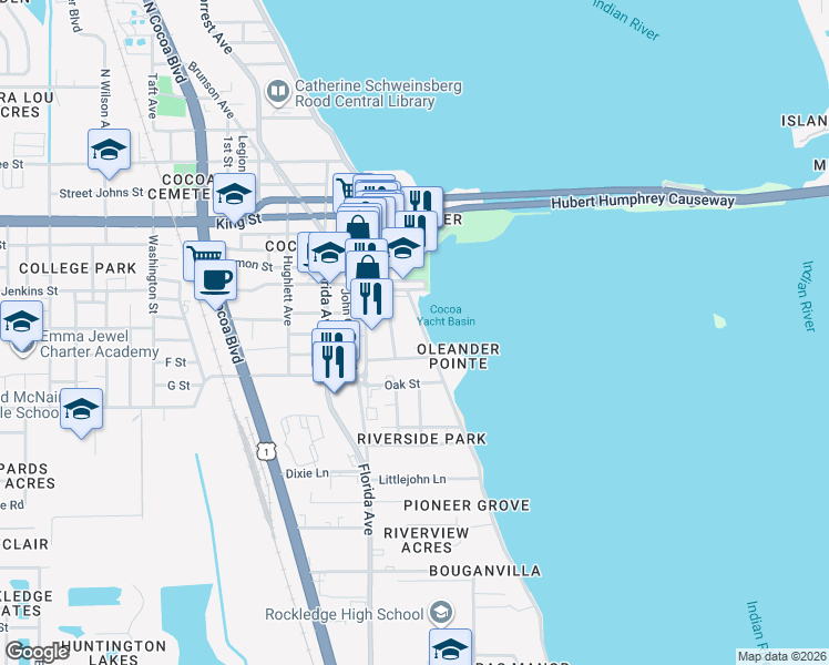 map of restaurants, bars, coffee shops, grocery stores, and more near 55 Riverside Drive in Cocoa