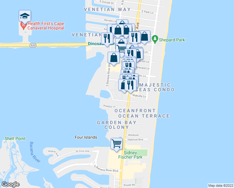 map of restaurants, bars, coffee shops, grocery stores, and more near 105 Escambia Lane in Cocoa Beach