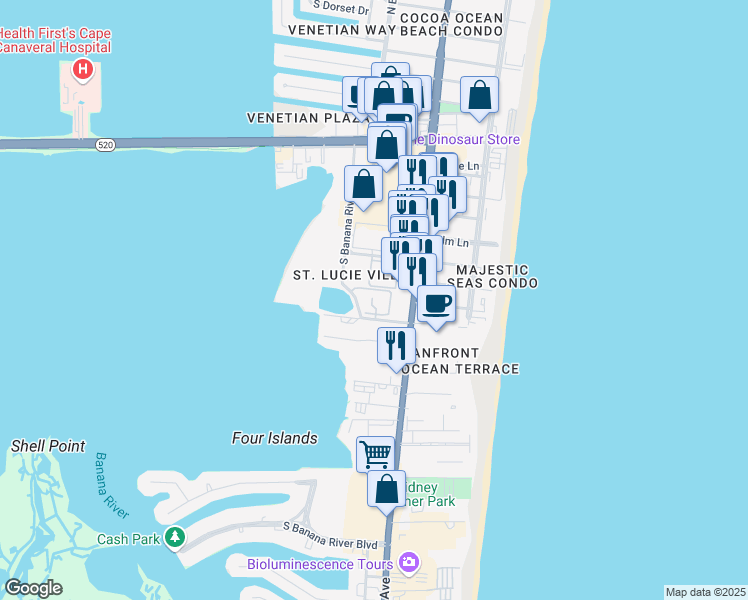 map of restaurants, bars, coffee shops, grocery stores, and more near 105 Escambia Lane in Cocoa Beach