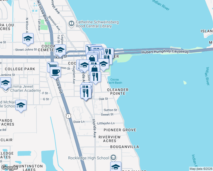 map of restaurants, bars, coffee shops, grocery stores, and more near 55 Riverside Drive in Cocoa