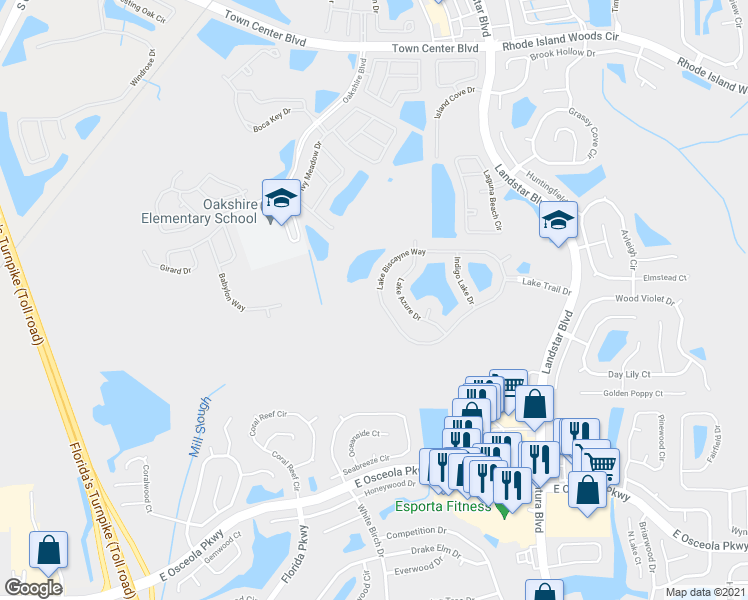 map of restaurants, bars, coffee shops, grocery stores, and more near 1000 Lake Biscayne Way in Orlando