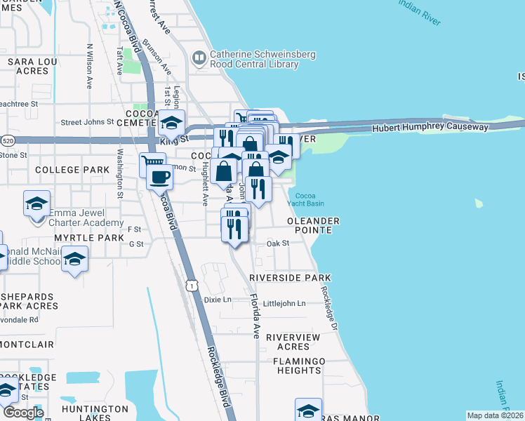 map of restaurants, bars, coffee shops, grocery stores, and more near 608 Brevard Avenue in Cocoa