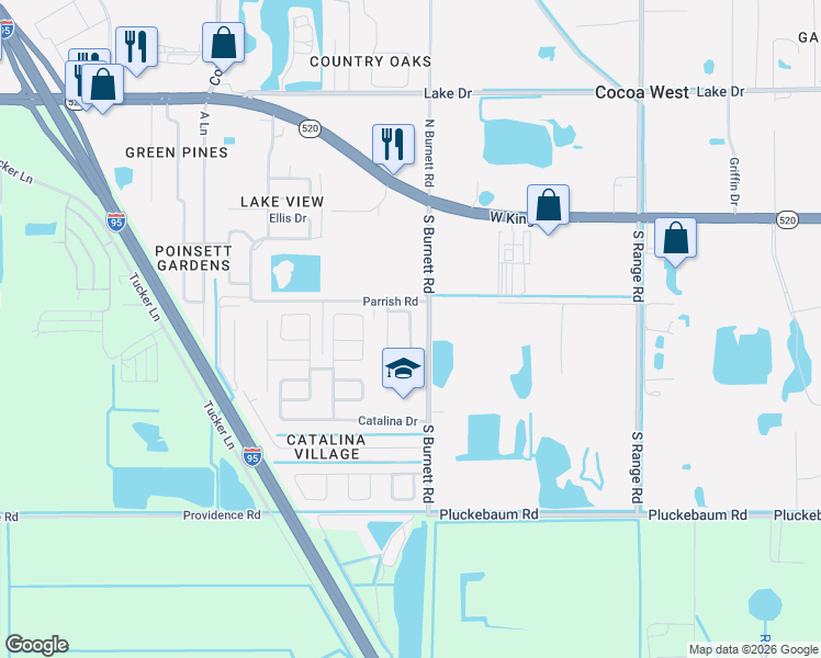 map of restaurants, bars, coffee shops, grocery stores, and more near 437 Stowe Lane in Cocoa