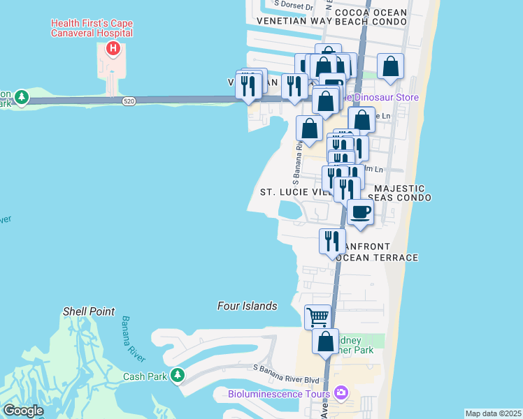 map of restaurants, bars, coffee shops, grocery stores, and more near 3609 South Banana River Boulevard in Cocoa Beach