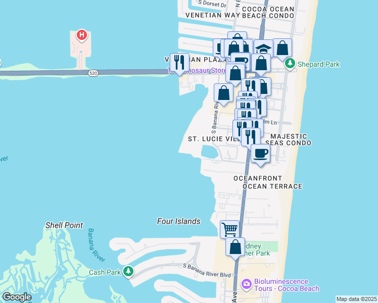 map of restaurants, bars, coffee shops, grocery stores, and more near 3609 South Banana River Boulevard in Cocoa Beach