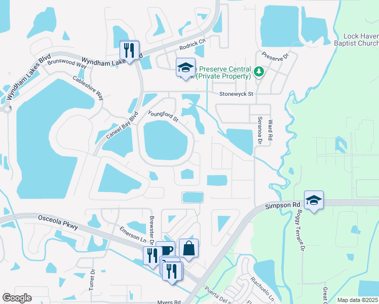 map of restaurants, bars, coffee shops, grocery stores, and more near 2860 Youngford Street in Orlando