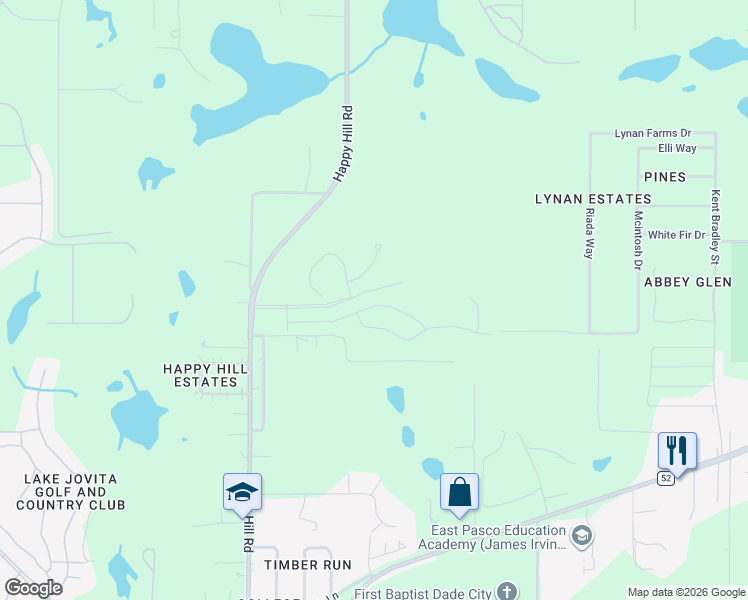 map of restaurants, bars, coffee shops, grocery stores, and more near 13350 Happy Hill Road in Dade City