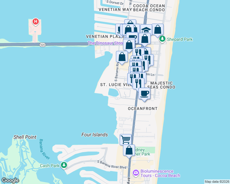map of restaurants, bars, coffee shops, grocery stores, and more near 190 Escambia Lane in Cocoa Beach