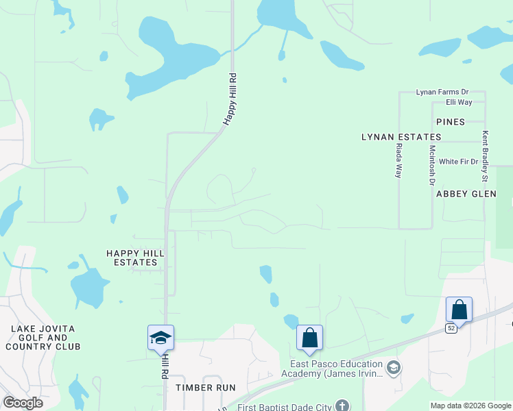 map of restaurants, bars, coffee shops, grocery stores, and more near 13350 Happy Hill Road in Dade City