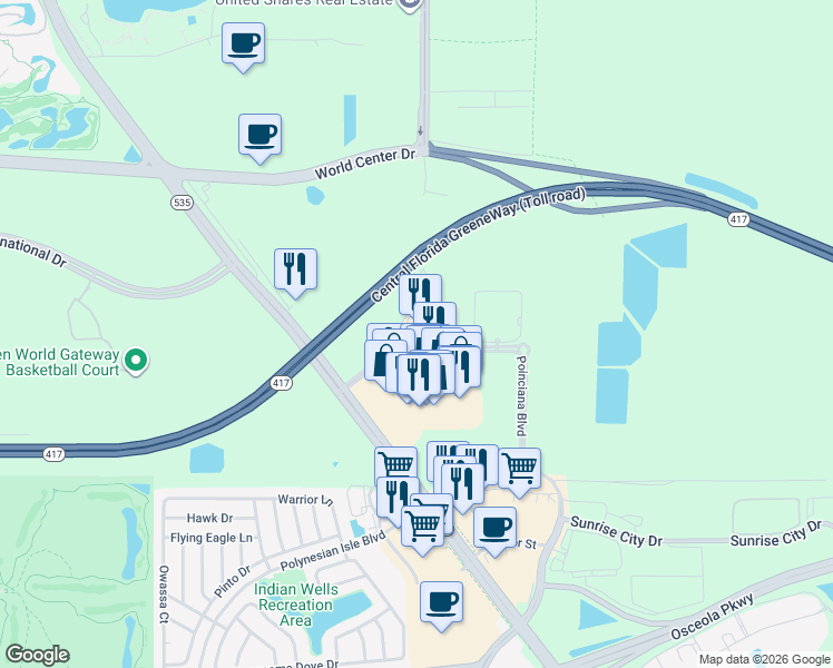 map of restaurants, bars, coffee shops, grocery stores, and more near 8113 Resort Village Drive in Orlando