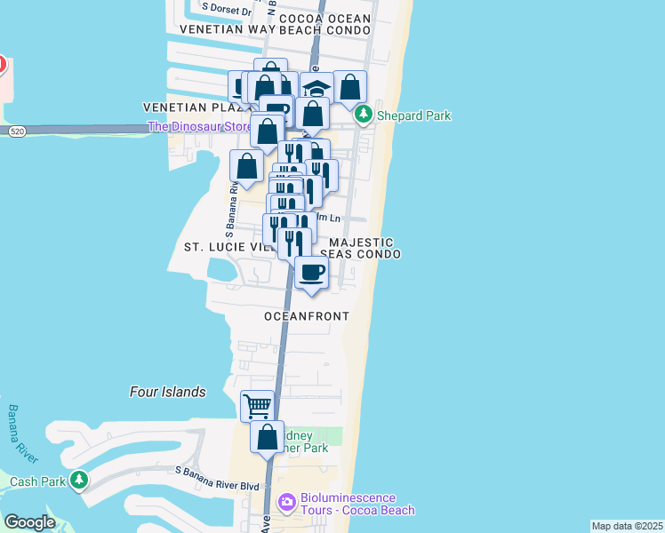 map of restaurants, bars, coffee shops, grocery stores, and more near 171 Wakulla Lane in Cocoa Beach